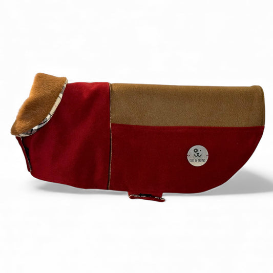 Manteau Artisanal pour Chien en Laine & Cachemire – Bordeaux Profond et Camel (Pièce Unique)- Taille XXL