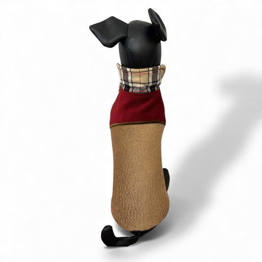 Manteau pour Chien Luxe Bicolore Bordeaux & Camel – Cachemire Façon Zibeline et Tartan – Pièce Unique, Taille S | Dog in Trend