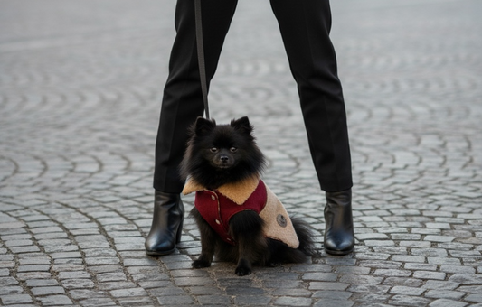 Manteau Chien Luxe – Col Camel en Cachemire Façon Zibeline, Dos Bicolore Bordeaux & Rayures Beige-Camel – Pièce Unique, Taille M