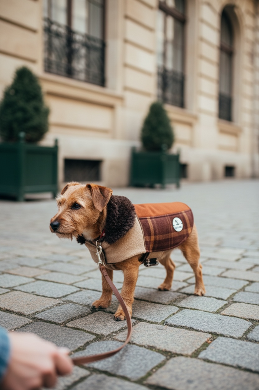 Manteau de Luxe pour Chien en Laine & Cachemire – Tartan Beige & Fausse Fourrure | Pièce Unique - taille L