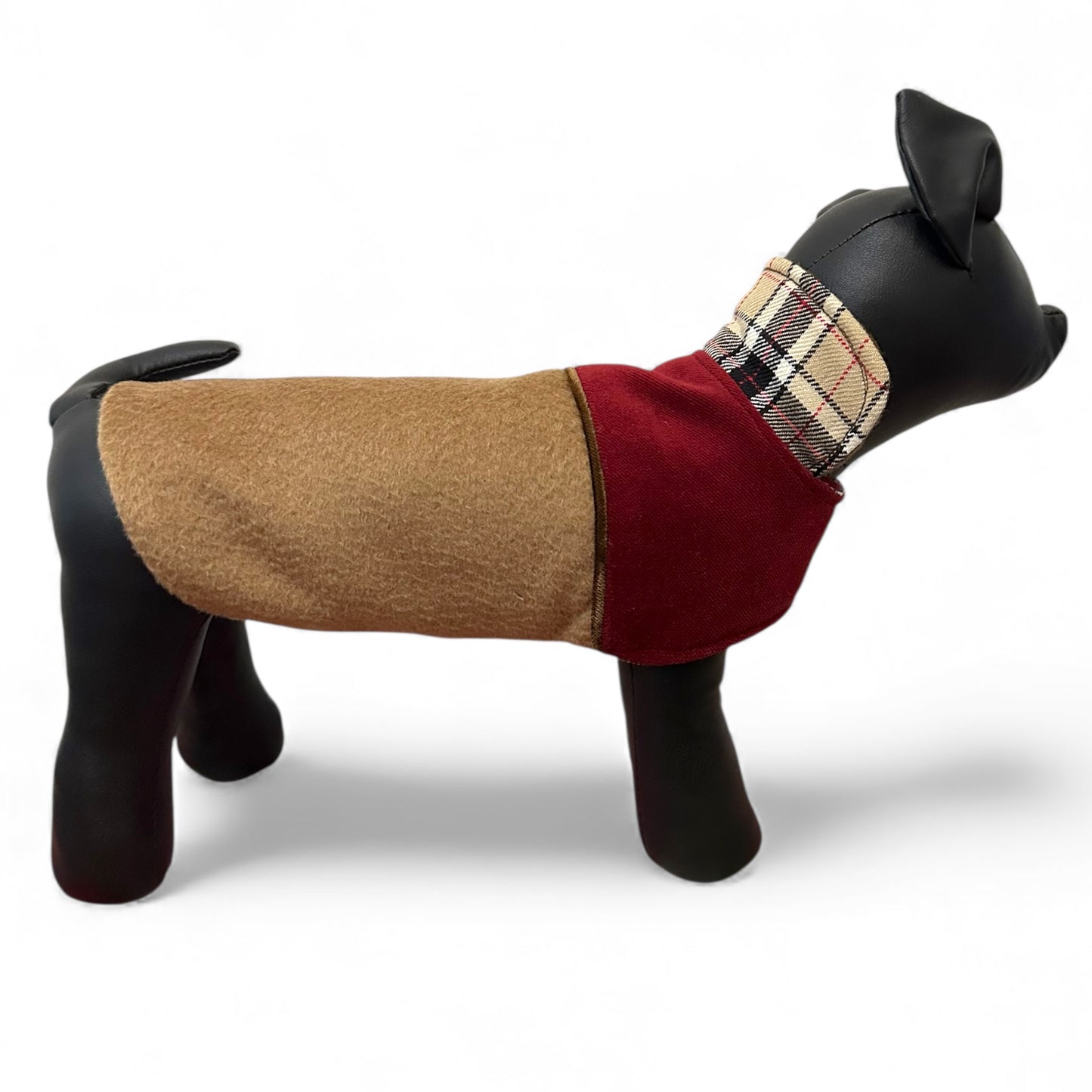 Manteau pour Chien Luxe Bicolore Bordeaux & Camel – Cachemire Façon Zibeline et Tartan – Pièce Unique, Taille S | Dog in Trend