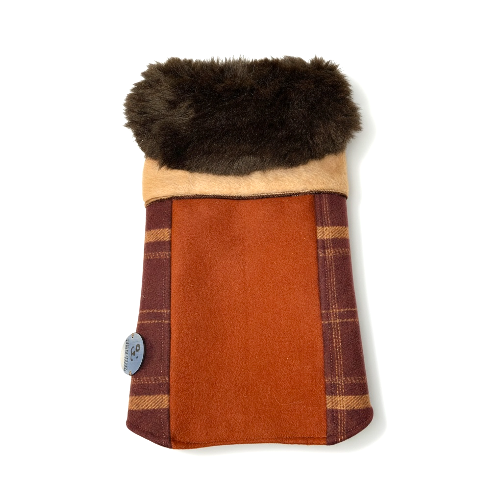 Manteau de Luxe pour Chien en Laine & Cachemire – Tartan Beige & Fausse Fourrure | Pièce Unique - taille L