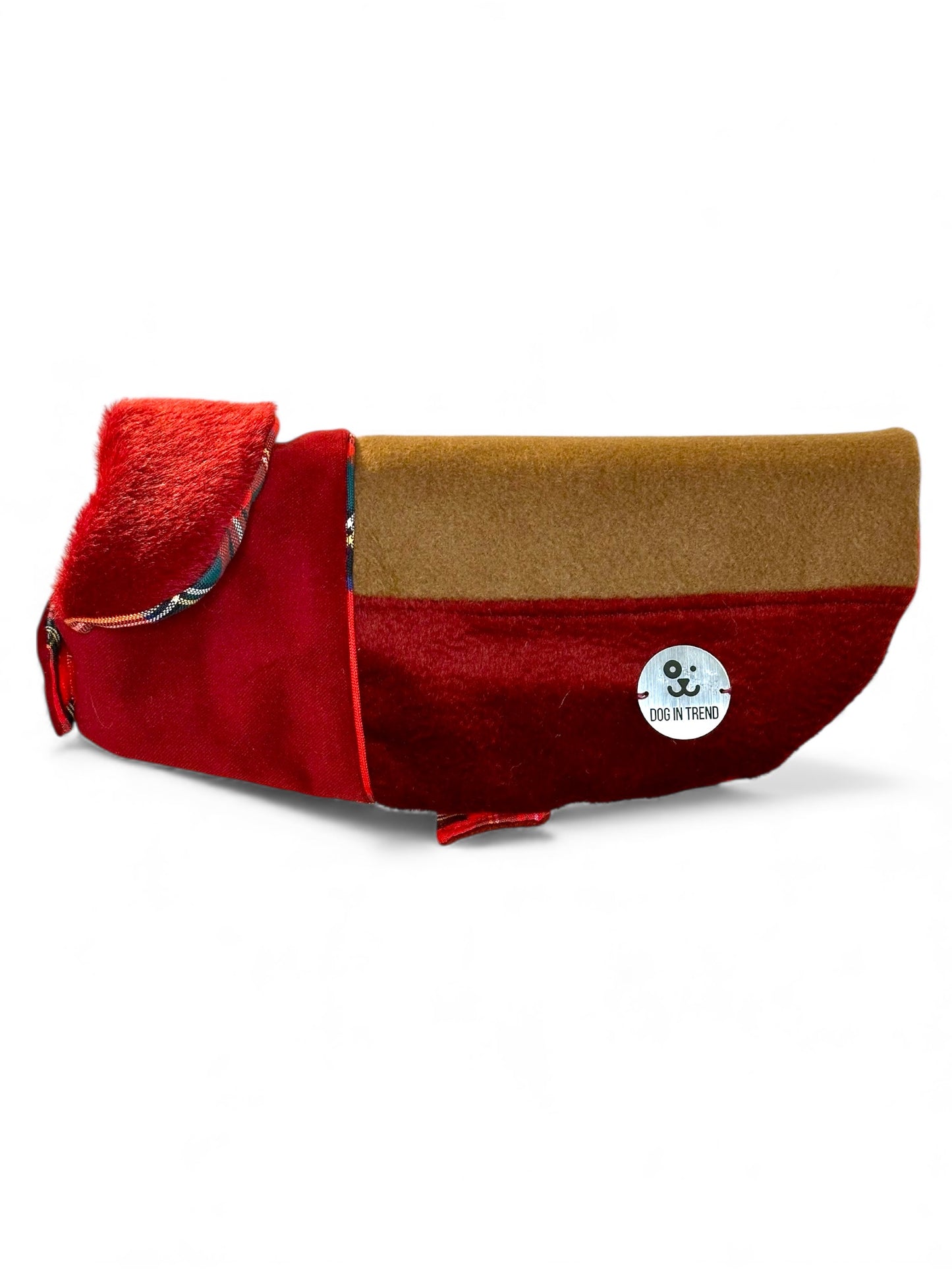 Manteau Artisanal pour Chien – Nuances Rouge, Bordeaux & Camel (Pièce Unique)- Taille L