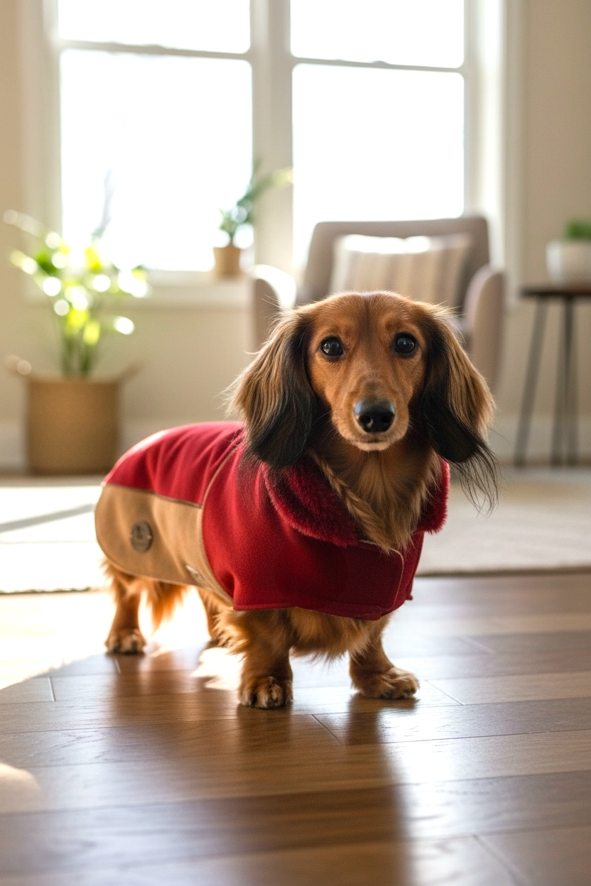 Manteau Haute Couture pour Chien en Laine & Cachemire Bordeaux et Camel – Pièce Unique d’Exception | Taille XXL