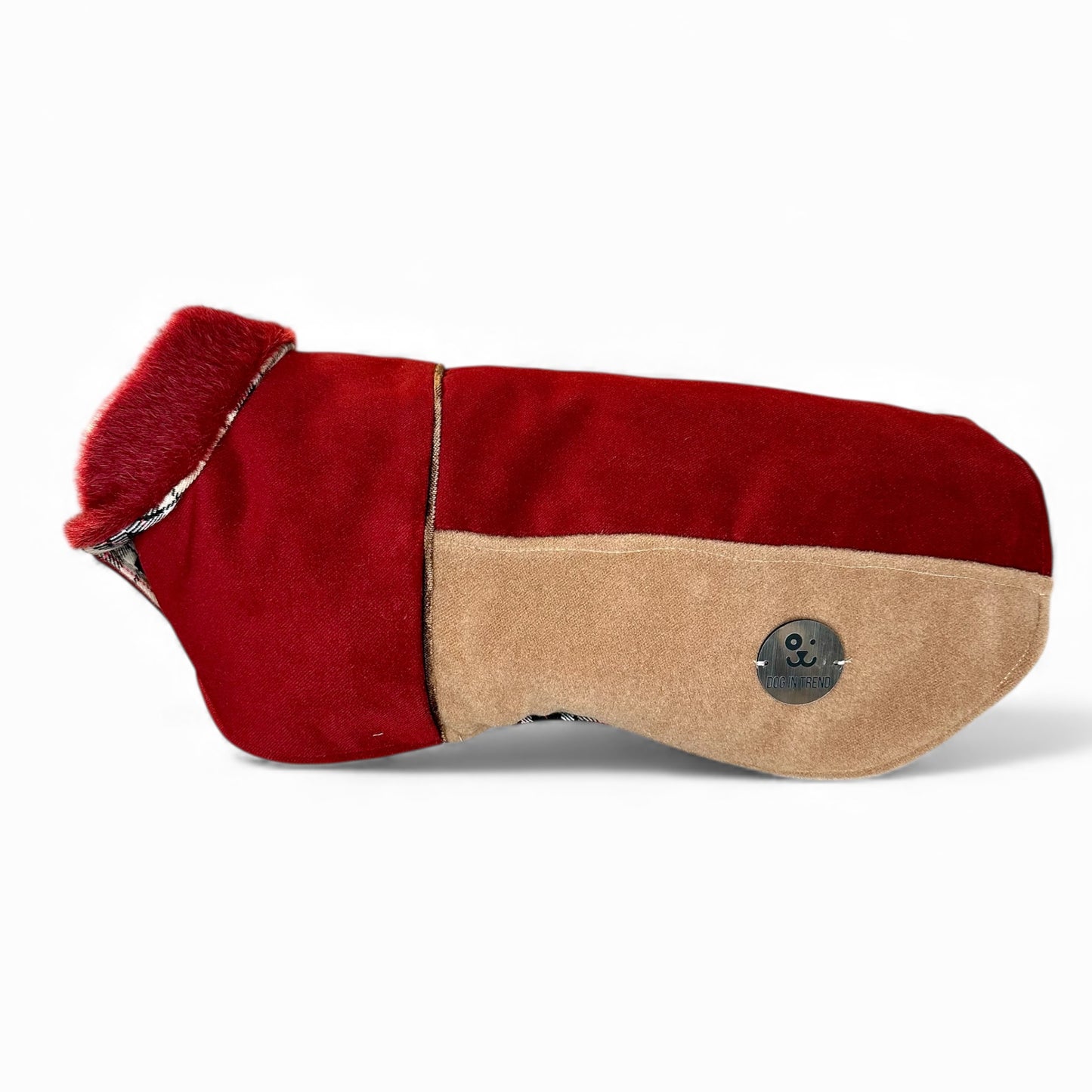 Manteau Haute Couture pour Chien en Laine & Cachemire Bordeaux et Camel – Pièce Unique d’Exception | Taille XXL