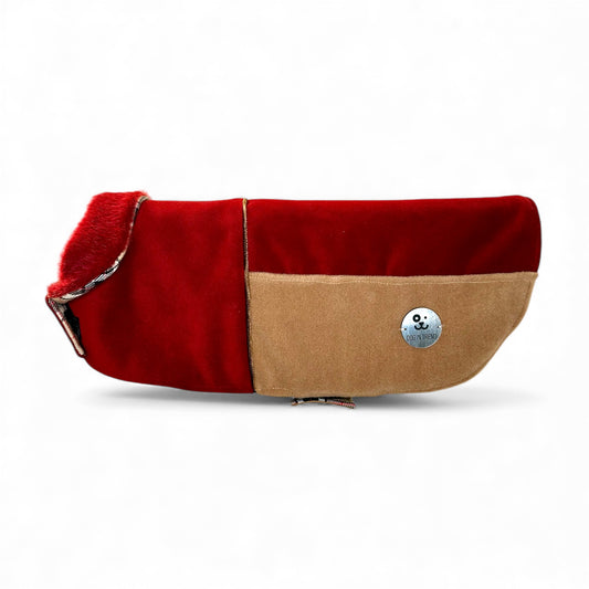 Manteau Haute Couture pour Chien en Laine & Cachemire Bordeaux et Camel – Pièce Unique d’Exception | Taille XXL