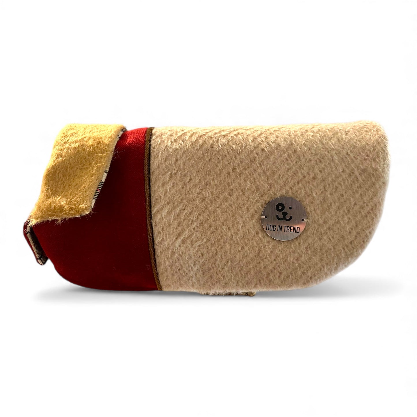 Manteau Chien Luxe – Col Camel en Cachemire Façon Zibeline, Dos Bicolore Bordeaux & Rayures Beige-Camel – Pièce Unique, Taille M