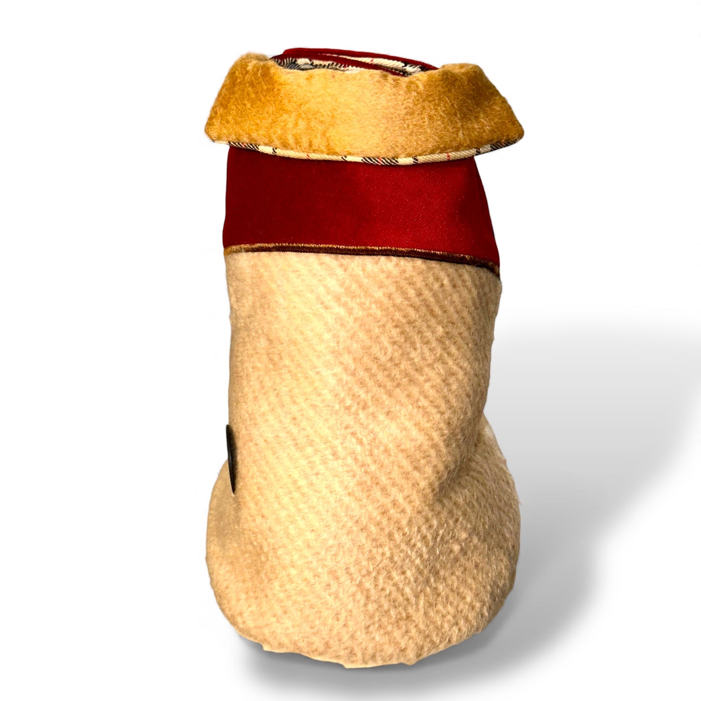 Manteau Chien Luxe – Col Camel en Cachemire Façon Zibeline, Dos Bicolore Bordeaux & Rayures Beige-Camel – Pièce Unique, Taille M