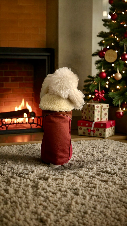 Manteau pour chien en laine & cachemire – Nuances Bordeaux & Tartan Rouge – Pièce Unique, Fait Main en Italie taille XL